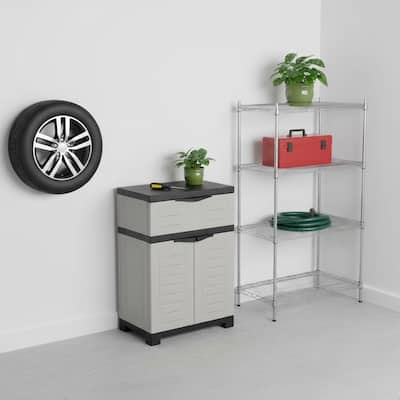 HomeRoots 35" Gray Heavy Duty Plastic Two Door One Drawer Utility Cabinet - 23.50 in. x 34.50 in. x 13.75 in.