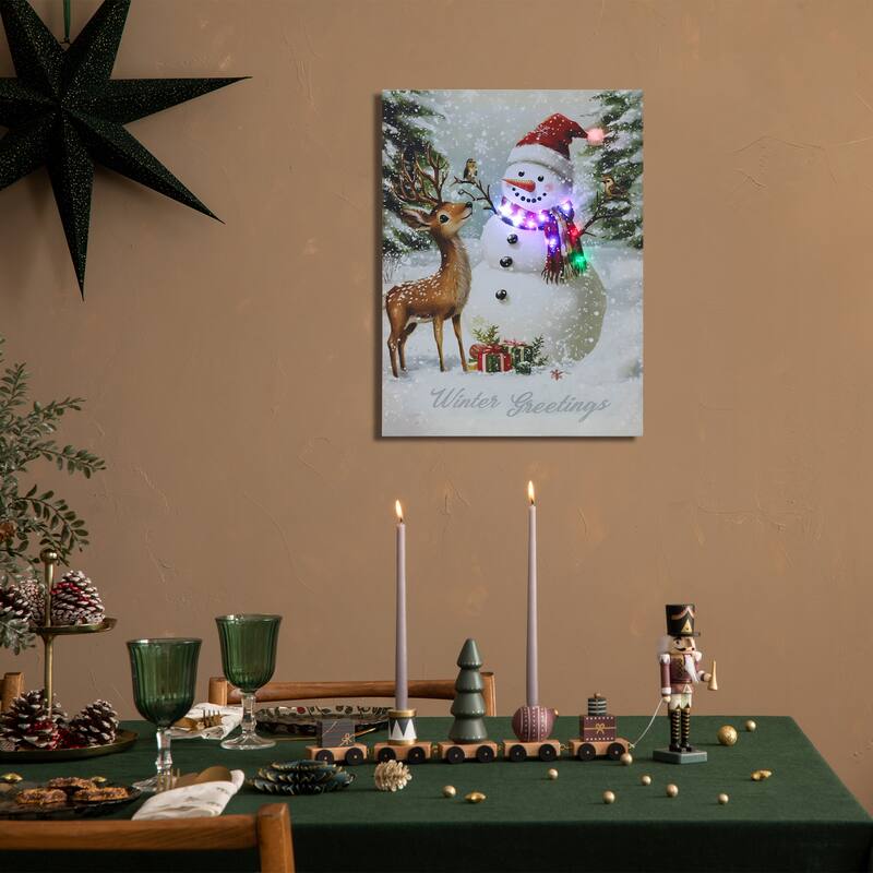 LED Lighted Snowman Reindeer Christmas Canvas Wall Art 15.75 x 11.75