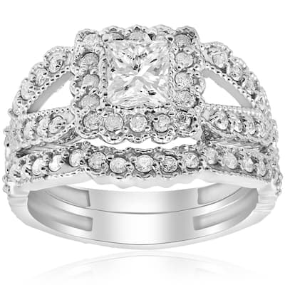 1 1/10ct Princess Cut Halo Diamond Engagement Ring White Gold Vintage Antique