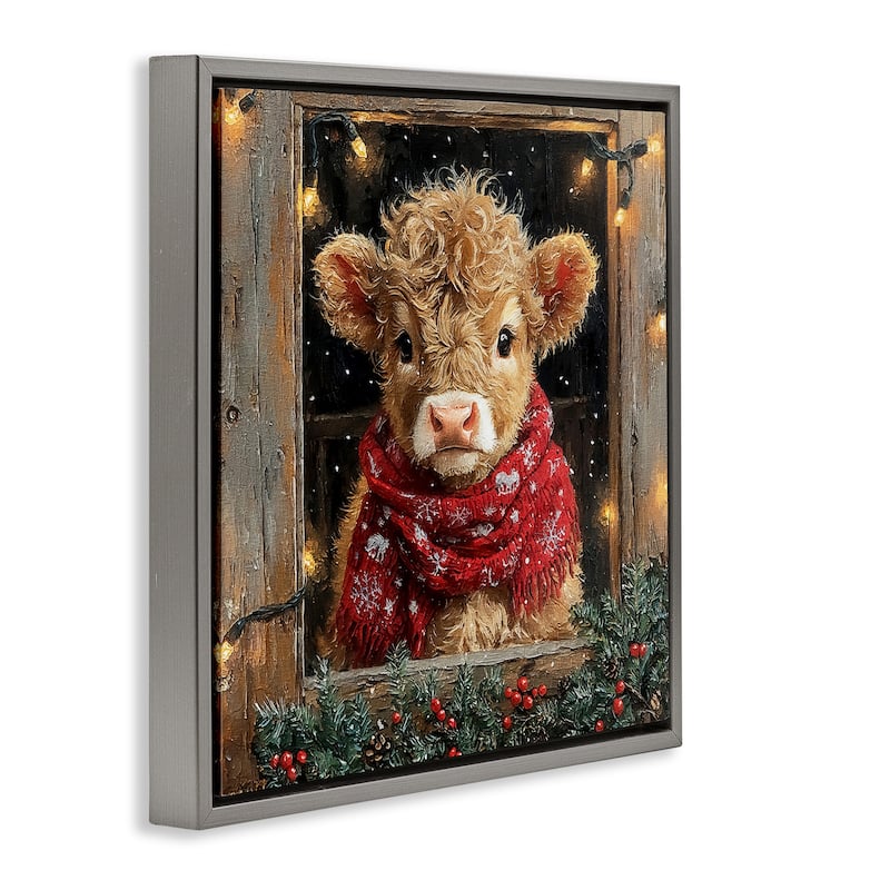 Stupell Calf with Holly & Lights Garland Framed Floater Canvas Wall Art Design By Riley B