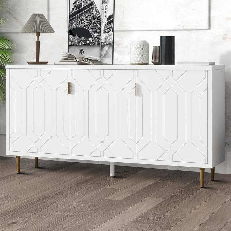 Mid-Century Elegant Wooden Sideboard with Three Interior Shelves - White