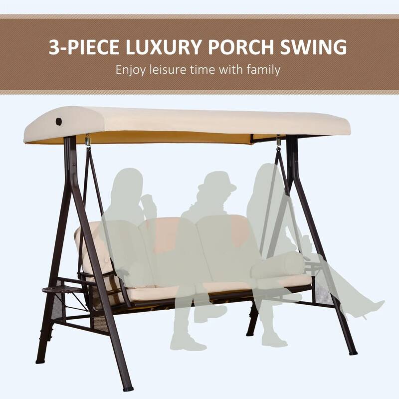 3-Seat Patio Swing Chair, Adjustable Canopy, Side Trays, Comfort Set