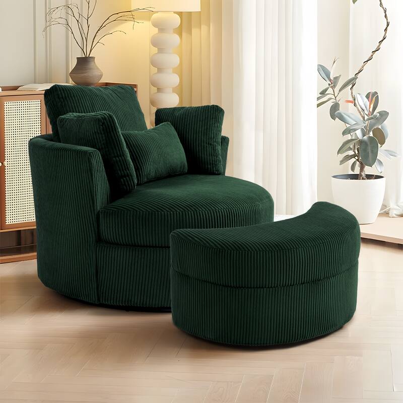 41" W Oversized Accent Barrel Swivel Chair with Moon Storage Ottoman - Set of Chair with Ottoman - Green Corduroy