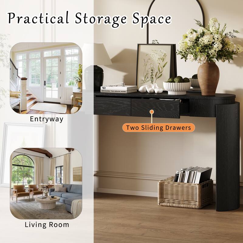 Oval-shaped Top Entryway Table Sofa Table with 2 Drawers, Fluted Console Table for Hallway or Home Decor