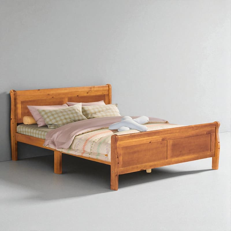 Full/Queen Size Wood Platform Bed Frame with Headboard, Slats, and Oak Finish, No Box Spring Needed