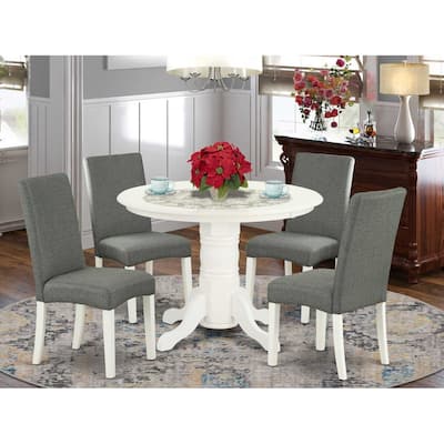 HomeStock 5-Piece Round Linen White Finish Solid Wood Top Dining Table with 4-Parson Chair with Lattice Back