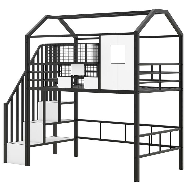Metal Loft Bed for Kids with Roof Design, Storage Box, and Guardrails - Twin Size, Perfect for Small Spaces