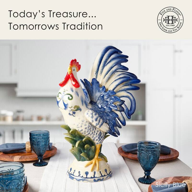 Fitz and Floyd Sicily Blue Rooster Figurine, 20.5 Inch