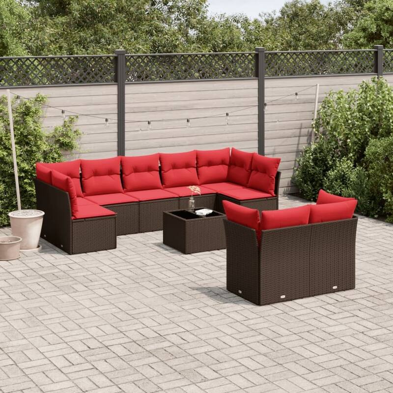 vidaXL 9/10 Piece Patio Sofa Set with Cushions Black/Brown/Gray Poly Rattan - 21.7 x 24.4 x 27.2