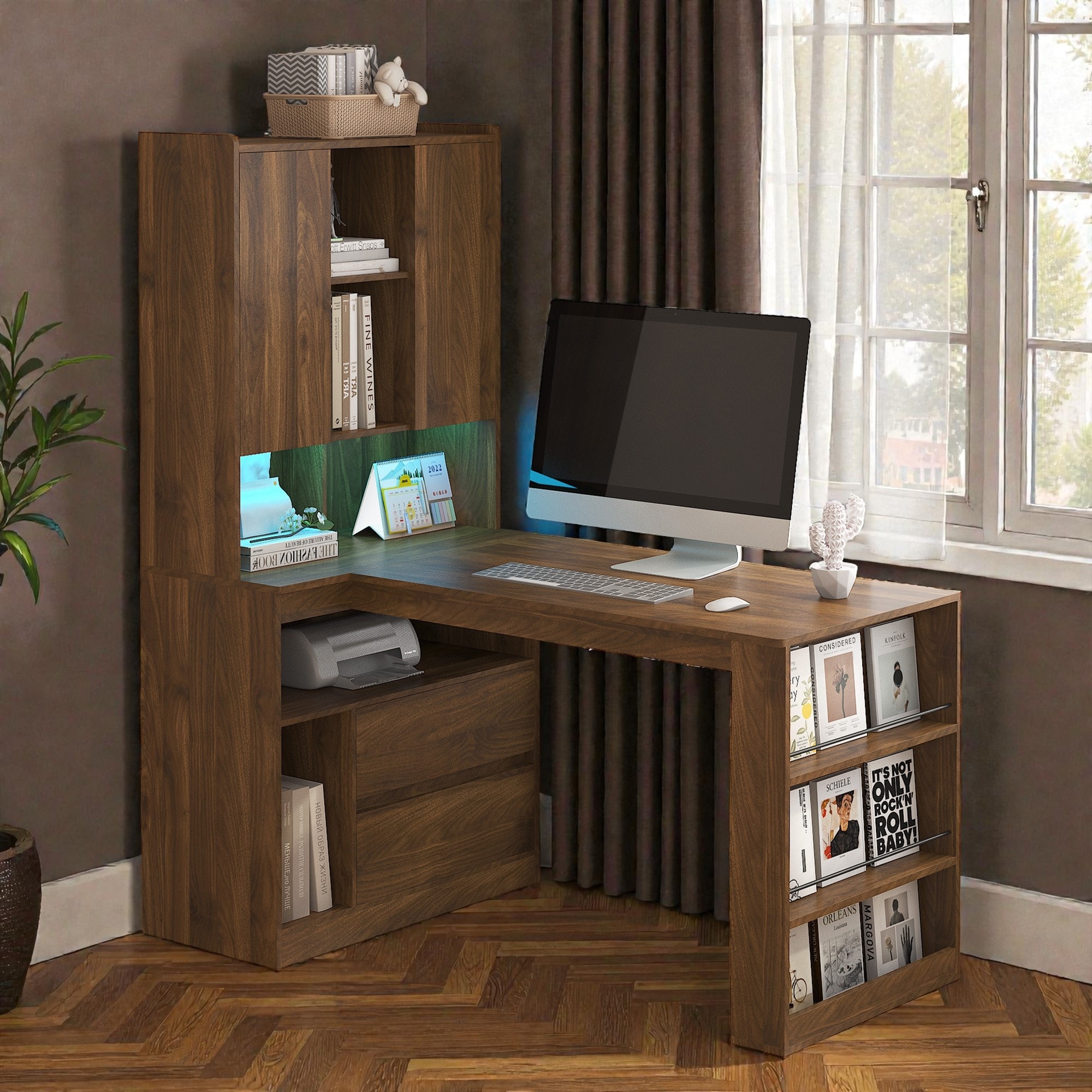 L Shaped Computer Desk with Charging Station, Drawers and Bookshelf, Corner Writing Desk for Home Office Study