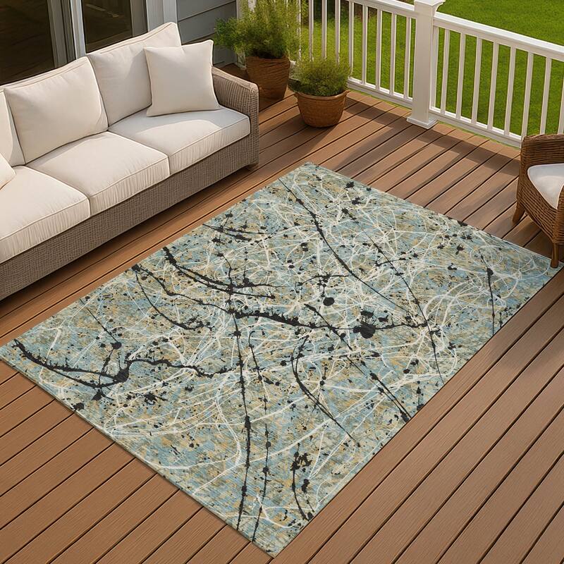 Machine Washable Indoor/ Outdoor Modern Splatter Chantille Rug - Teal - 5' x 7'6"