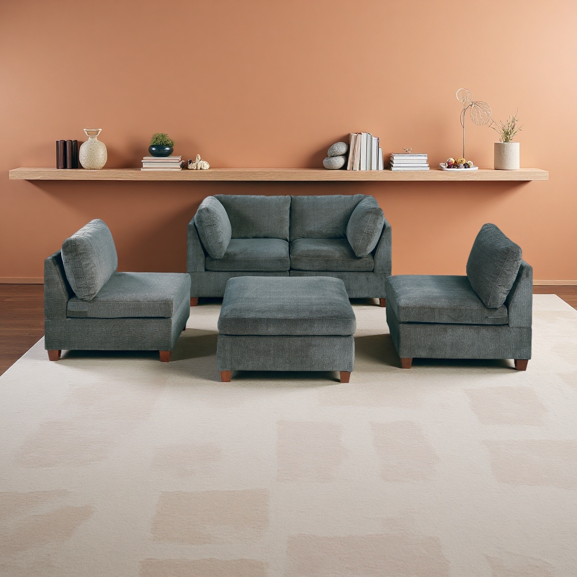 5-Piece Chenille Modular Sectional Set with Corner Chair, Armless Chairs and Ottoman