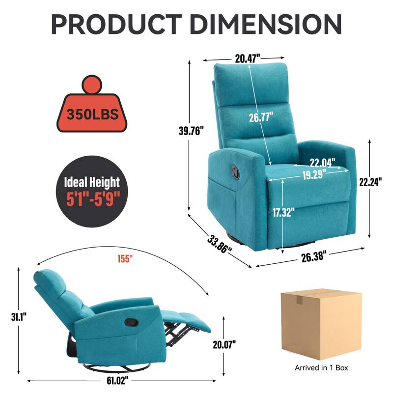 Roomfitters Swivel Rocker Recliner Chair Manual 360 Degree Glider Lounge Sofa Padded Fabric Armchair for Living Room