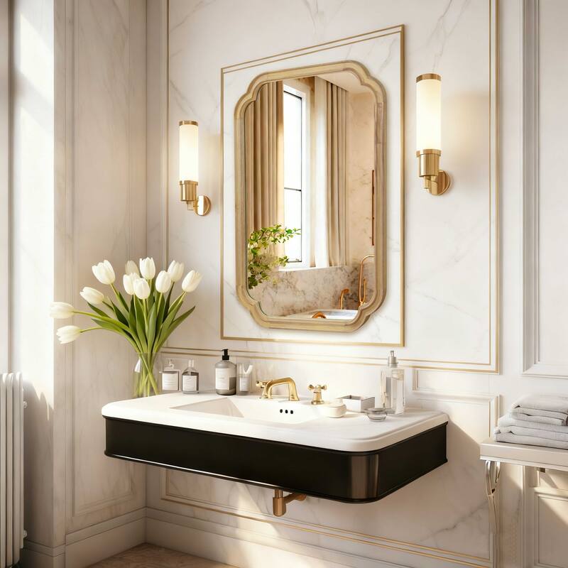 24"x 36" Solid Wood Frame Rounded Corner Decorative Mirror, For Bedroom, Bathroom, Living Room, Entryway