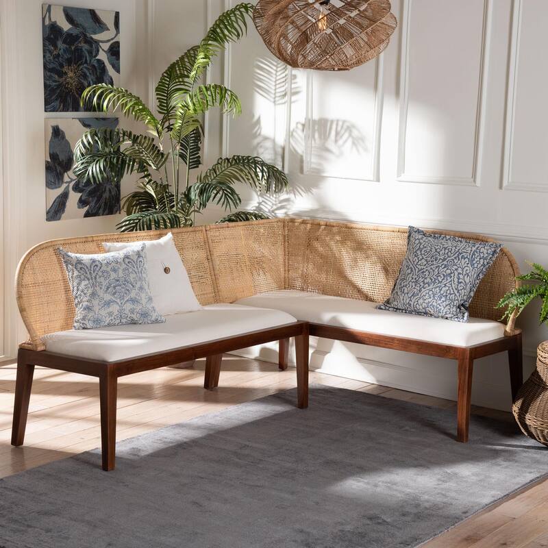 Okinawa 2-Piece Corner Bench Set - L-Shaped Dining Nook Seating with Acacia Wood Base and Natural Rattan, Boho Coastal Set