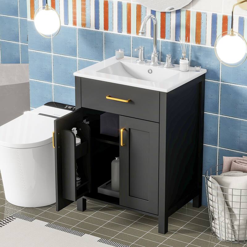 Small Bathroom Vanity with Ceramic Sink, Bathroom Cabinet with 2 Soft Close Doors & Drawers, Freestanding Storage Cabinet