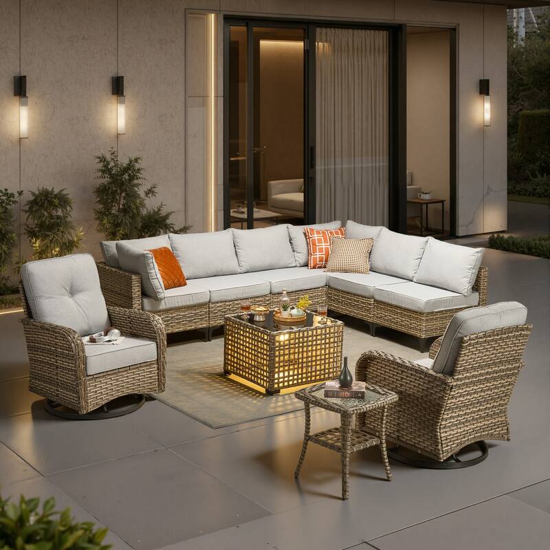 HOOOWOOO 10-piece Patio Wicker Furniture Sectional Set Swivel Rocking Chair Set - Grey