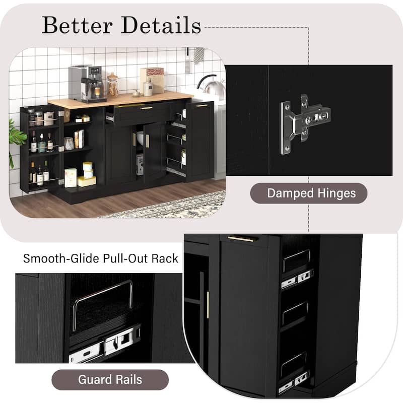 Multi-Functional Kitchen Sideboard with Extendable Dining Table, Storage Cabinet with 3-Tier Pull-Out Rack