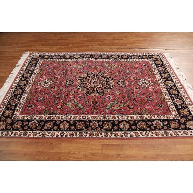 Floral Pink Tabriz Persian Rug Handmade Wool & Silk Carpet - 4'1"x 7'0"