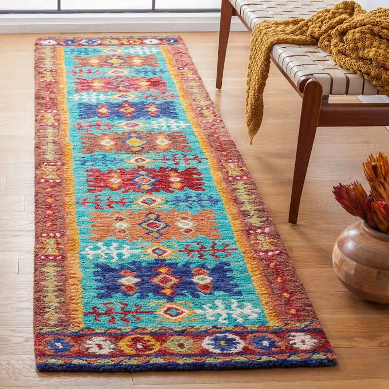 SAFAVIEH Handmade Aspen Nursal Boho Tribal Wool Rug - 2'3" x 8' Runner - Blue/Red