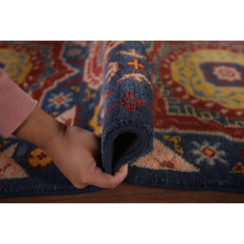 Blue Geometric Kazak Oriental Runner Rug Hand-Knotted Wool Carpet - 2'7"x 8'0"