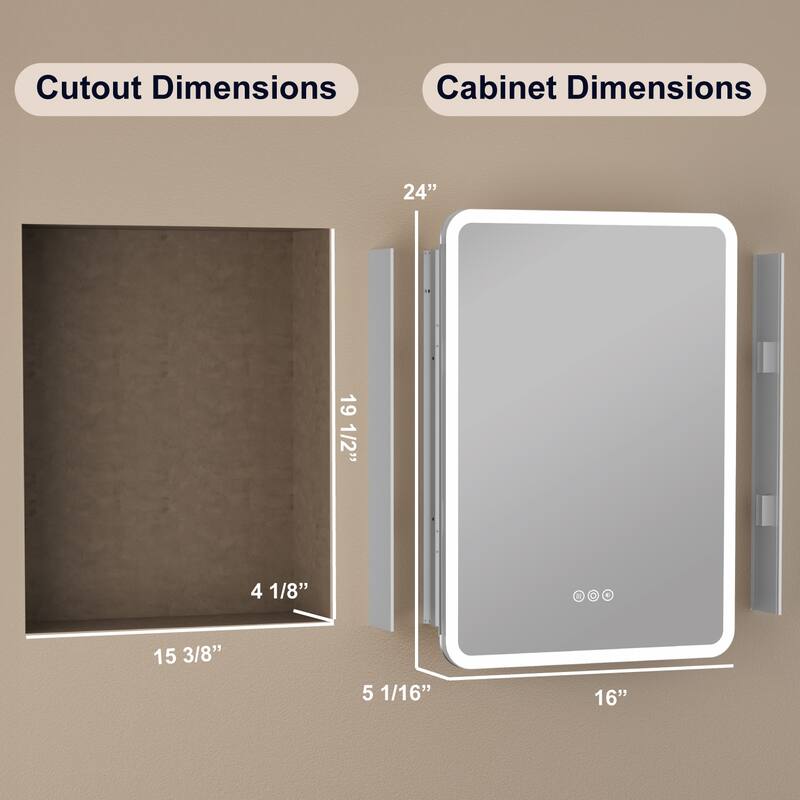 Rounded Edge LED Medicine Cabinet with Mirror, Dimmable, Anti-fog, Adjustable Shelves, Recessed or Wall Mount, ETL Certified