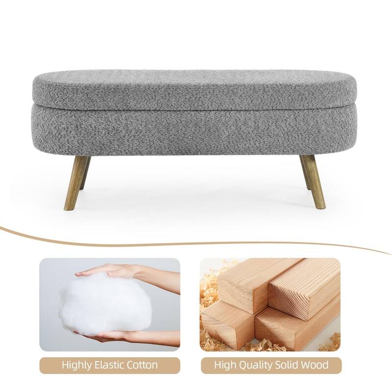 44" Beige Boucle Storage Ottoman Bench for Living Room Bedroom,Oval Storage Bench Ottoman Foot Rest Wood Legs