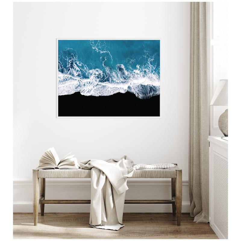 Kate and Laurel Sylvie Minimalist Ocean Waves on the Black Beach in Iceland Framed Canvas by Michael Schauer