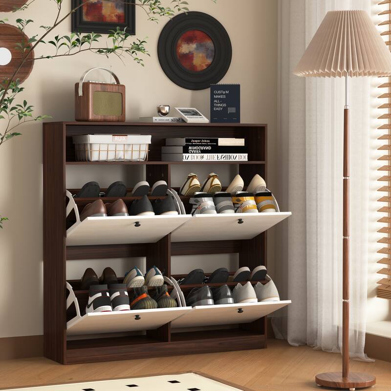 Sleek Shoe Cabinet with 4 Flip Drawers, Wooden Handle, and Anti-Tip Fitting for Narrow Spaces