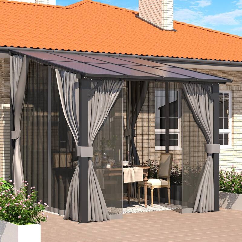 AECOJOY Gazebo for Patio, Small Wall-Mounted Lean to Pergola 8x8 Gazebo with Curtains and Netting, Hard Top Gazebo on Clearance