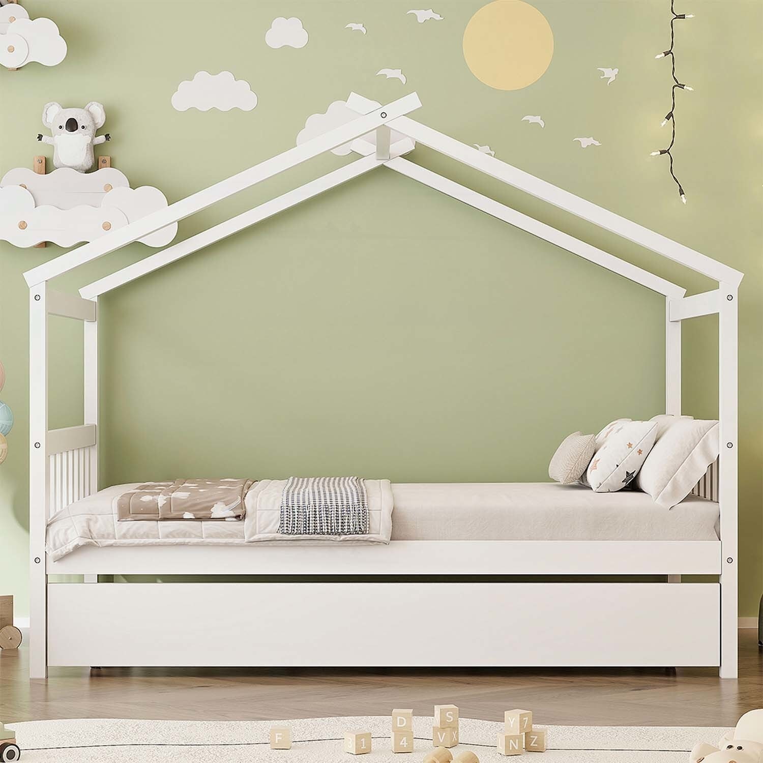 Wooden House Bed with Trundle,Space-Saving Design