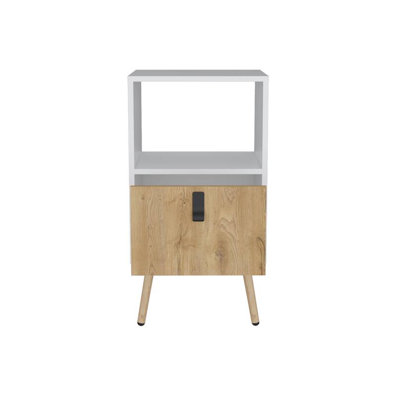 Modern Nightstand with Drawer and Open Storage, White / Macadamia
