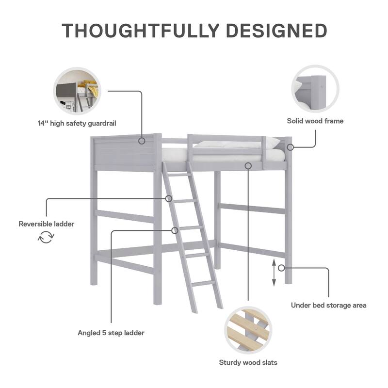 Full Size Loft Bed with Ladder and Guardrails for Kids, Space-Saving Design, Sturdy Wood Construction