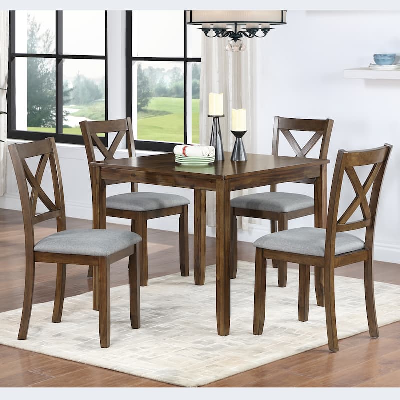 GDFStudio - Dunmore 5-Piece Farmhouse Wooden Square Dining Table Set with 4 Wooden Upholstered Dining Chairs - Cross Back - Walnut