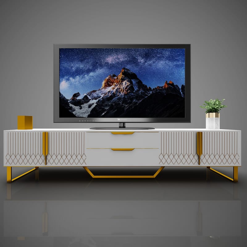 Modern Carved Design TV Stand, Large Storage Console with Storage Cabinets and Metal Legs, for Living Room and Bedroom, White - White