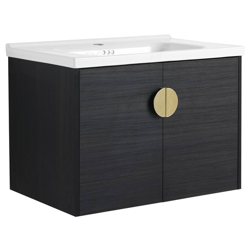 28 Inch Plywood Wall Mounted Bathroom Vanity Set in Black with Integrated Ceramic Basin