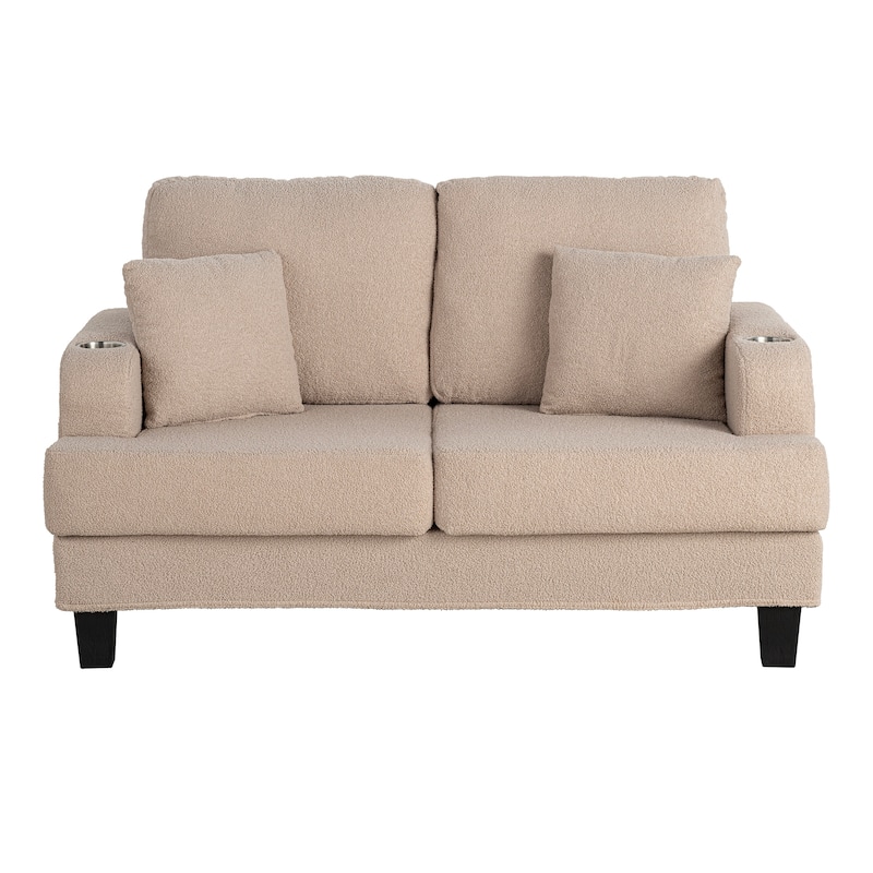 61" Small Beige Loveseat Sofa with 2 Pillows and Cup Holder