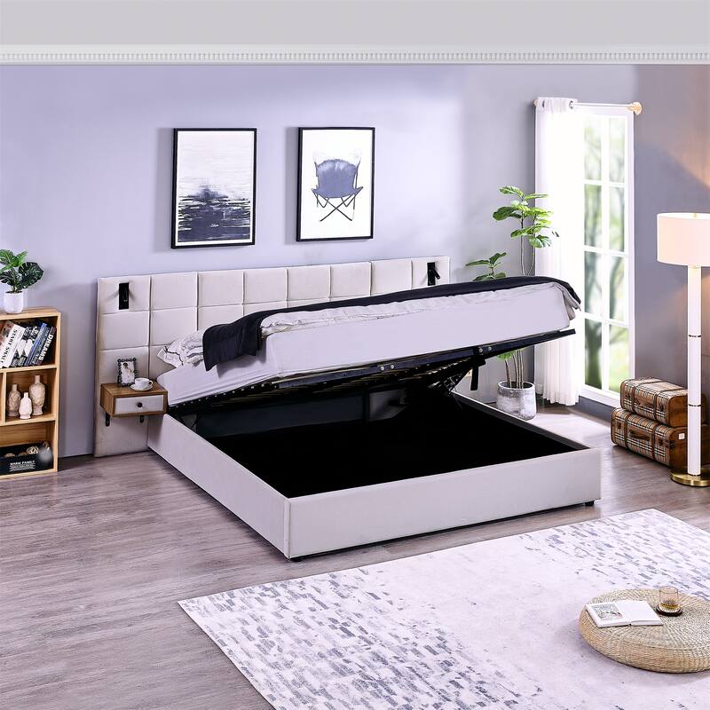 King Size Velvet Hydraulic Storage Bed with LED Lights & USB Charging