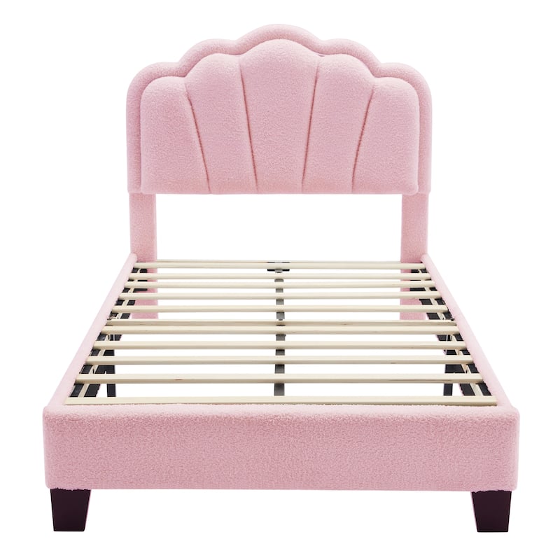 Pink Twin Size Sherpa Fabric Upholstered Platform Bed with Floral Headboard and Wooden Slats