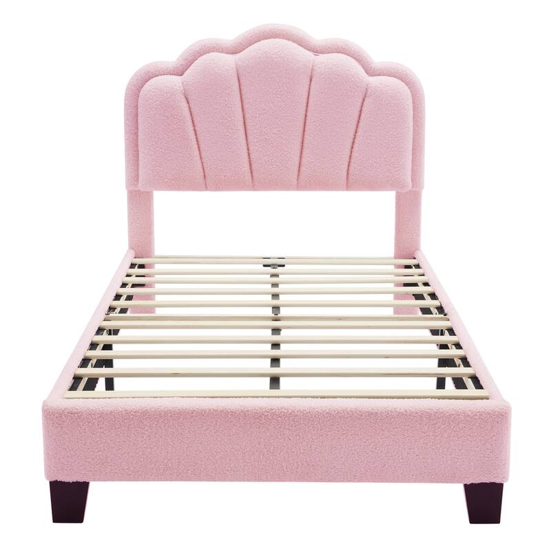 Twin Size Sherpa Fabric Upholstered Platform Bed with Floral Headboard and Wooden Slats