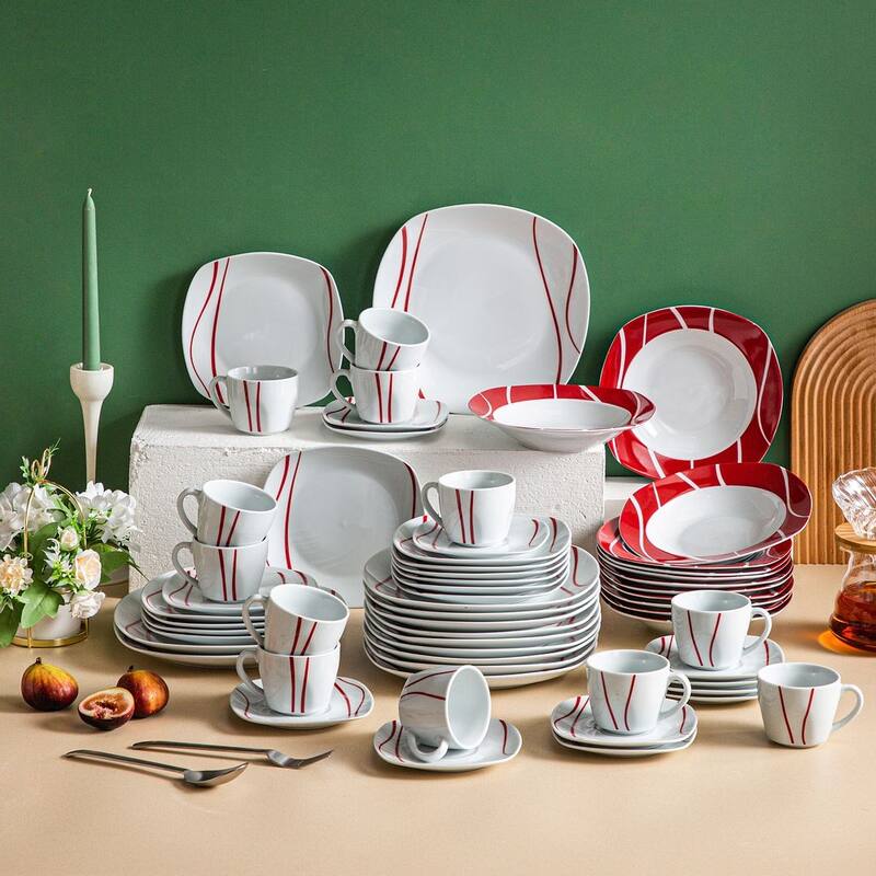 MALACASA Felisa Porcelain Red Stripes Dinnerware Set