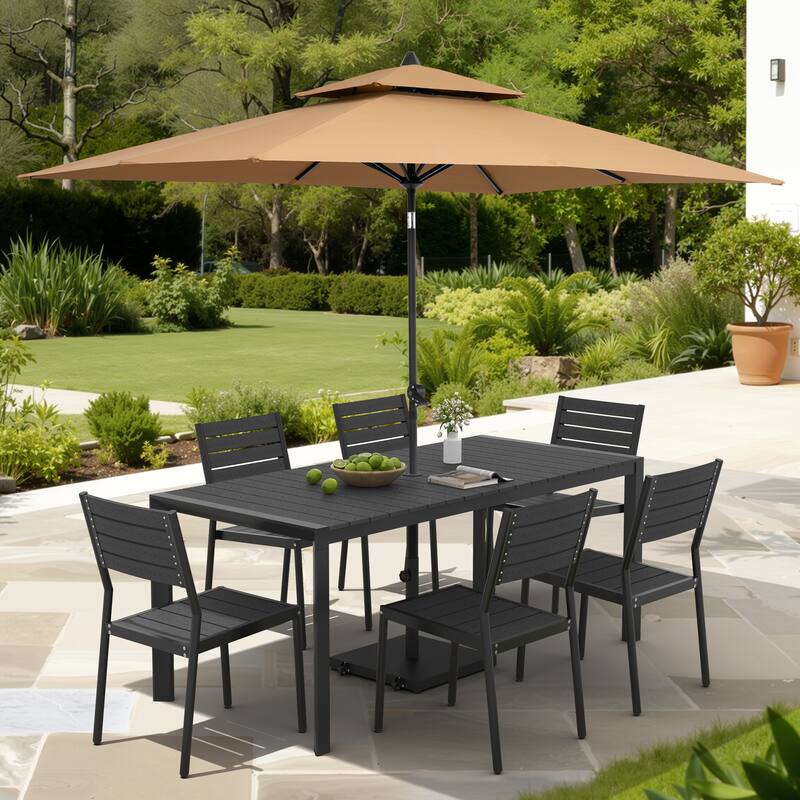 9/11-Piece Outdoor Dining Set Aluminum Table and Stackable Chairs w/10 ft Umbrella and Base - Set of 9 - Black Table with Tan Umbrella