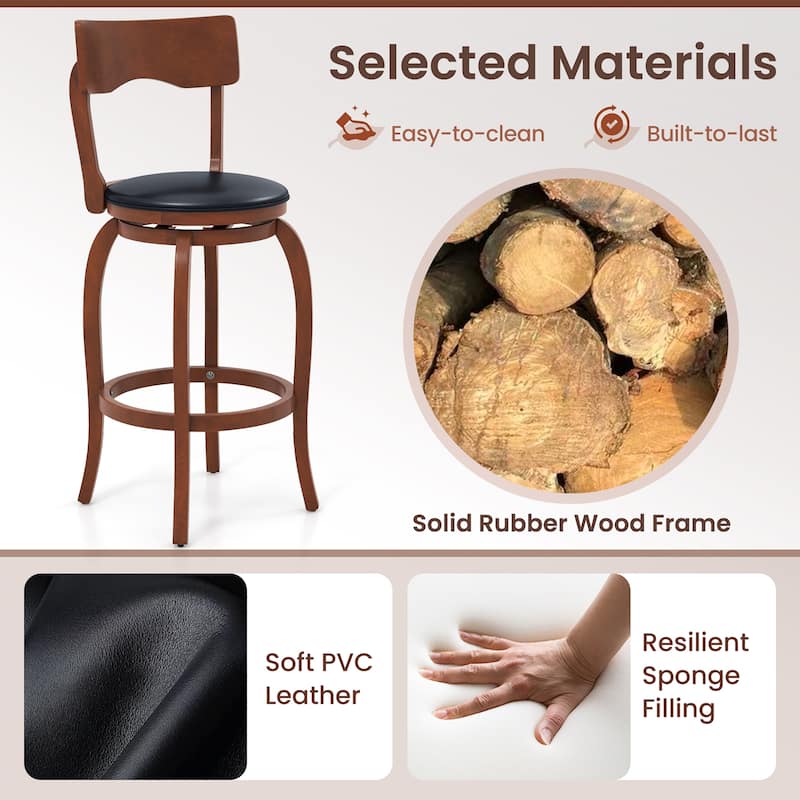Gymax 29'' Swivel Bar Stools Set of 4 w/ Rubber Wood Frame Upholstered