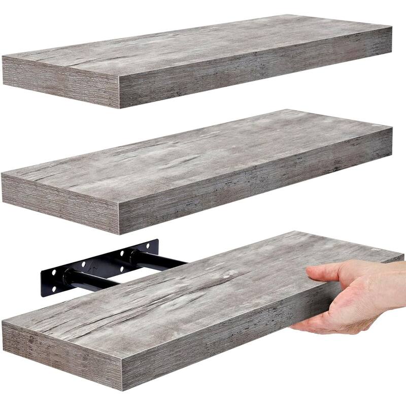 Floating Shelf Set, Rustic Wood Beach Style Hanging Wall Shelves - 16.25" L x 5.50" W X 1.5" H - Gray