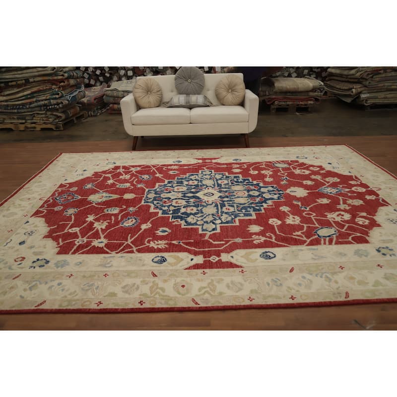 Hand Knotted Oriental 100% Wool Carpet Transitional Medallion Red Oushak Area Rug - 11' 10'' X 8' 11''
