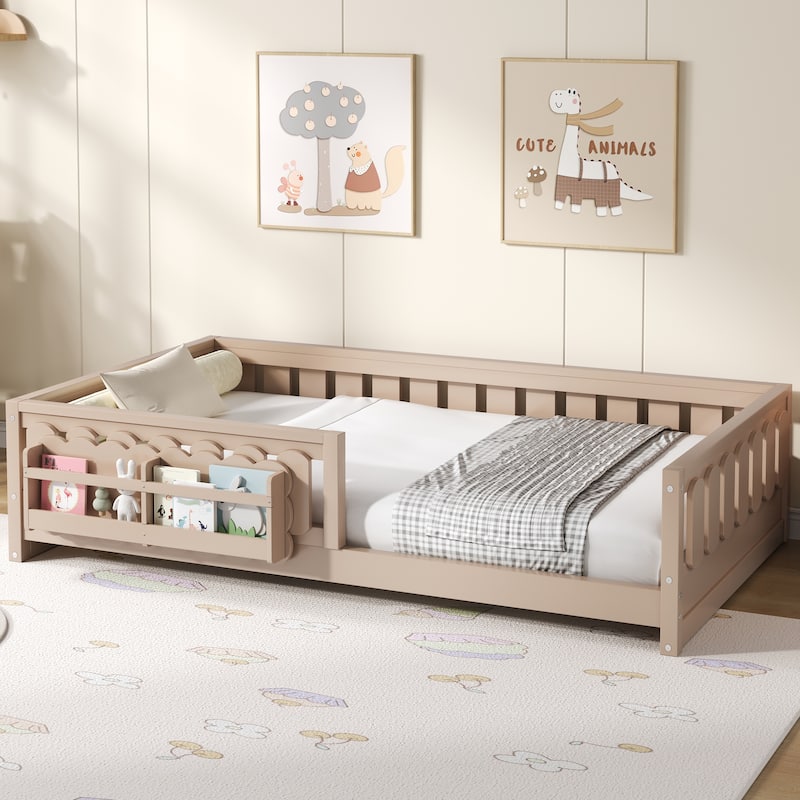 Kid Wood Platform Storage Bed Montessori Toddler Floor Bed Children Daybed with Guardrail and Side Creativity Storage Shelves - Natural - Twin