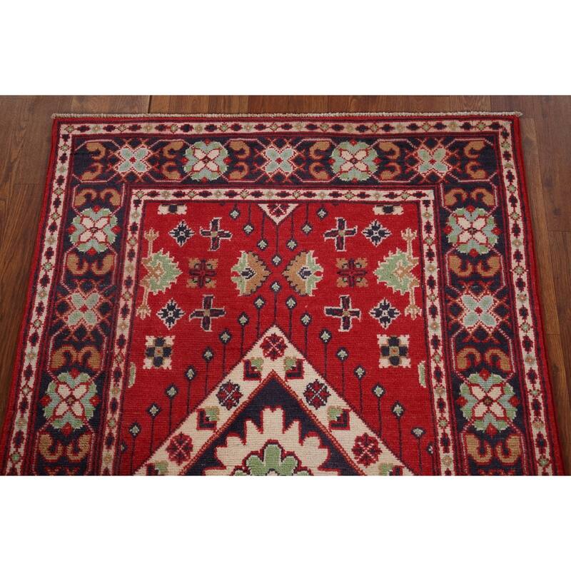 Geometric Red Kazak Oriental Foyer Rug Handmade Wool Carpet - 3'1" x 5'0"