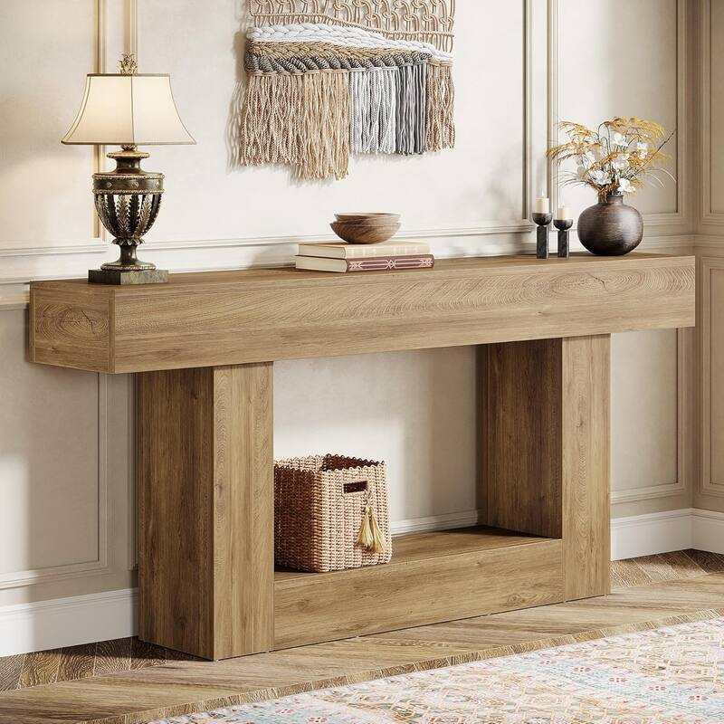 63" Console Table for Entryway, Farmhouse 2-Tier Wood Sofa Table Behind Couch - Coffee Brown - Wood