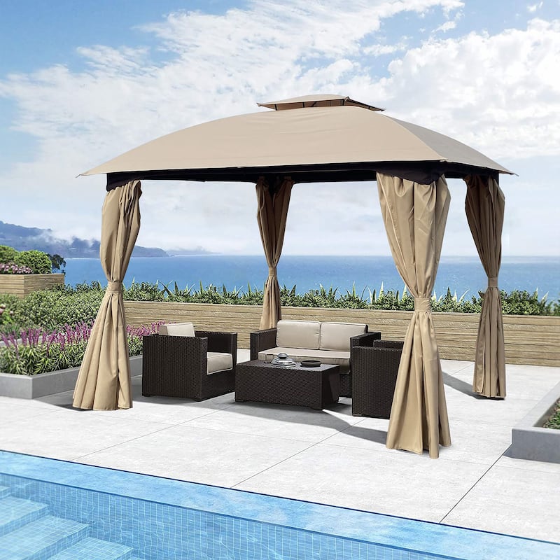 10x10 Ft Outdoor Patio Garden Gazebo Canopy, Outdoor Shading, Gazebo Tent With Curtains - khaki
