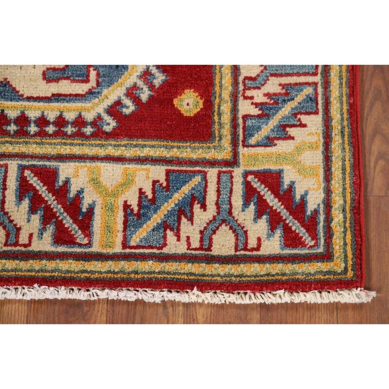 Geometric Kazak Foyer Rug Handmade Red Wool Carpet - 2'7" x 4'3"